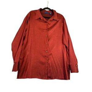 Karen Scott Button-Up Women Top Beaded Collar‎ Long Sleeve Blouse Red XL